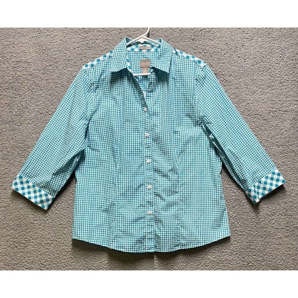 Chicos Women’s L Size 2 Blouse Wrinkle Resistant 3/4 Sleeves Check Button Up